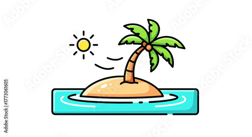 Serene cartoon of a tropical island with a palm tree, sand, and surrounded by water with a bright sun overhead.