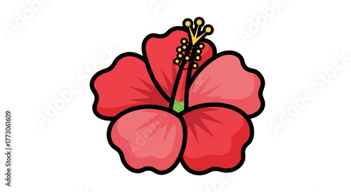 Vibrant hibiscus illustration featuring a beautiful gradient of red petals with a black outline and yellow stamen.
