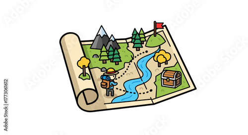 A whimsical map showcases a stick figure hiker on a path towards mountains, trees, a river, and the ultimate treasure.