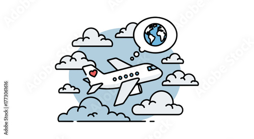Airplane soaring through the clouds, with a heart on the tail, envisioning global adventures and travel dreams.