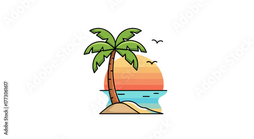 A stylized vector illustration of a palm tree on a beach at sunset. Birds flying in the distance, blue ocean waves.