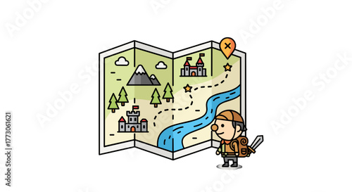 An explorer with a map showing the locations of castles, stars, mountains and a river, all connected by dashed lines.