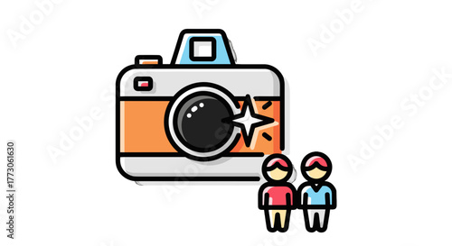 A digital camera stands ready, with two cartoon figures waiting for their picture to be taken, capturing a moment. 