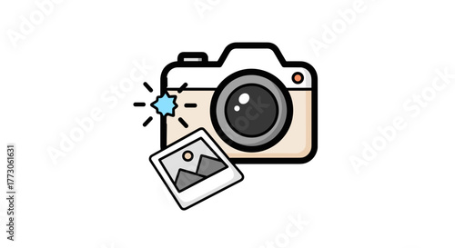 An animated camera taking a picture with flash and an instant print, set against a stark transparente background.
