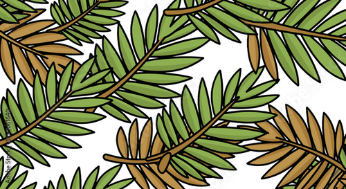 Seamless pattern featuring stylized palm leaves, blending green and brown hues against a transparente background, for a tropical vibe.