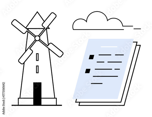 Windmill with blades in motion, document with text, and cloud. Ideal for renewable energy, sustainability, literature, eco-friendly innovation, rural lifestyle, productivity tools simple flat