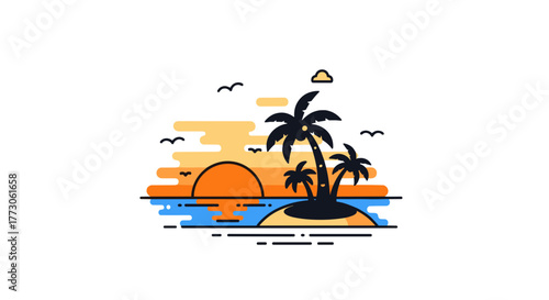 A minimalist tropical island sunset design with palm trees, warm colors, and birds in a sleek vector style.