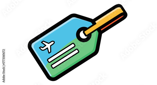 A colorful luggage tag with an airplane graphic symbolizing travel, adventure, and identification for bags on trips.