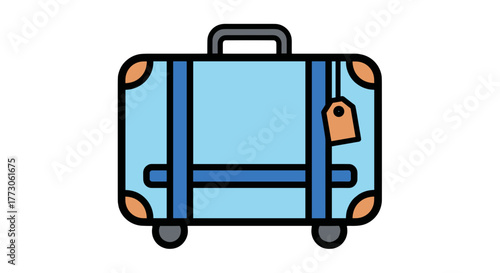 A blue suitcase with a label. This luggage is useful for traveling, vacations, and transporting belongings.