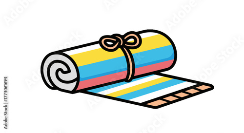 Cartoon illustration of a neatly rolled up beach towel with a ribbon on a transparente background, ready for use.