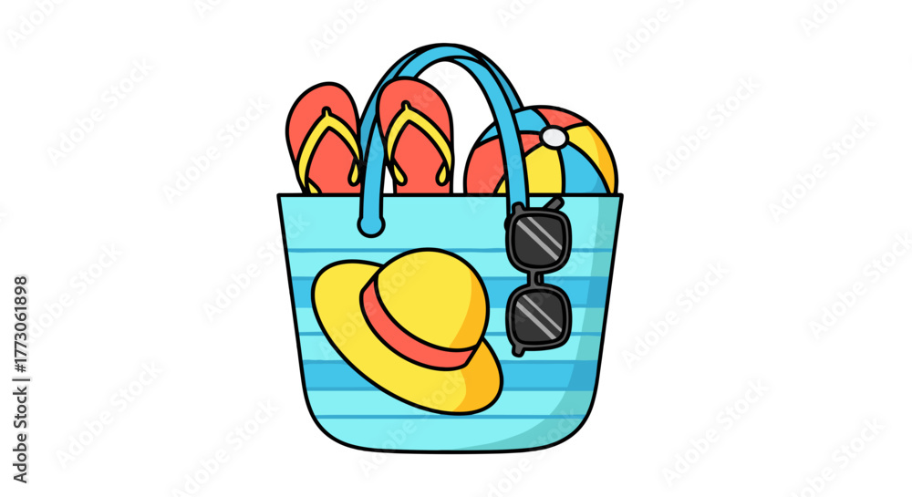 Fototapeta premium A bright blue beach bag packed for a day of summer fun with flip-flops, a beachball, hat, and sunglasses.