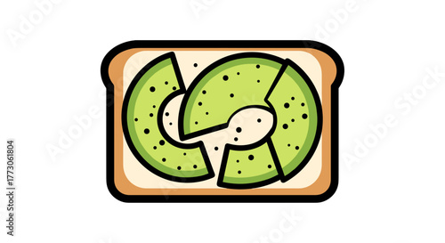 Illustration of a piece of toast with sliced avocado on top, presented in a cartoon style against a transparente background.