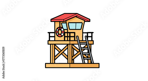 Elevated wooden lifeguard stand with a red roof, positioned on a sandy beach, ready to protect swimmers and beachgoers.
