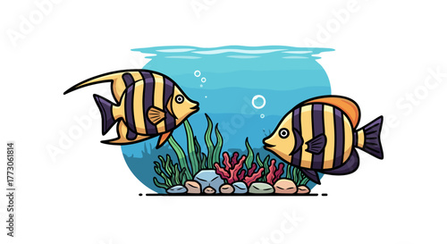 A cartoon image of two striped fish in an underwater environment with coral, rocks and seaweed on a transparente background.