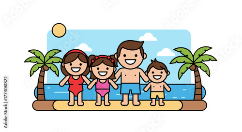 A cartoon-style family enjoys a beach vacation with palm trees, blue skies, and warm sunshine in a tropical paradise.