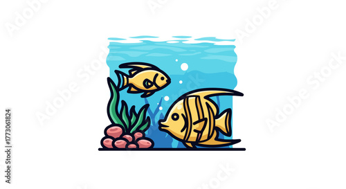 A charming cartoon scene unfolds underwater with two fish swimming amidst aquatic plants and smooth, round stones.