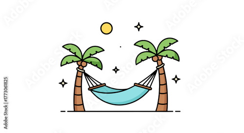 A hammock strung between two palm trees under the moonlight, a relaxing tropical night scene, perfect for relaxation.