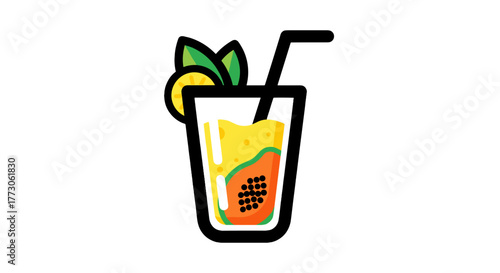 A refreshing tropical juice blend in a glass, garnished with citrus and foliage with an orange papaya chunk and a straw