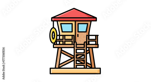 A lifeguard tower, a beacon of safety on sandy shores, stands ready to protect swimmers with its watchful presence.