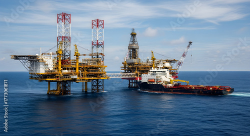 Large offshore oil rig platform with supply vessel alongside structure in open sea under clear daylight sky showing industrial equipment and ocean environment