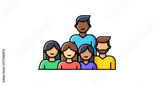 A diverse group of five people stand together, smiling. The group includes both men and women with varying complexions.