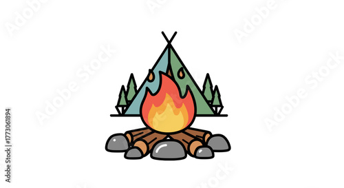 A cheerful campfire scene featuring a tent and trees in the background, set against a stark transparente background.