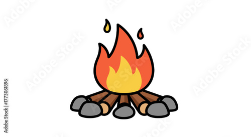 A cartoon campfire burns brightly with red and yellow flames. The campfire is surrounded by rocks and pieces of wood.