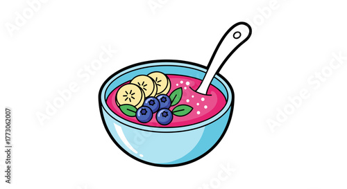 A vibrant smoothie bowl with a spoon, topped with banana slices and blueberries, filled with a delicious pink smoothie.