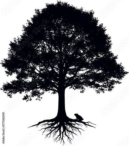 Silhouette of a Lush Tree with a Small Animal Resting on Its Roots