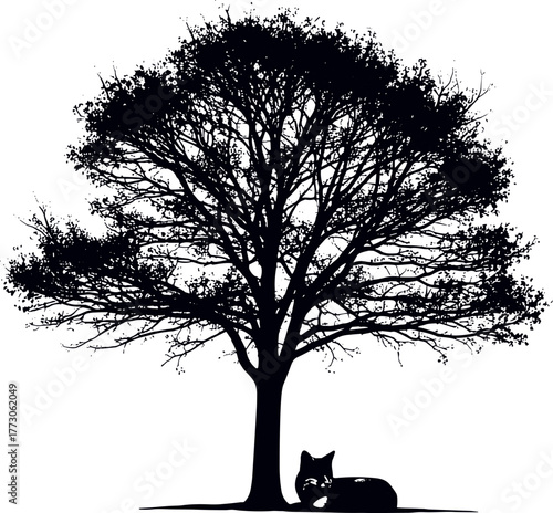 Majestic deciduous tree in a striking black silhouette, offering a peaceful sanctuary for a domestic cat resting comfortably in its shade, a serene nature scene