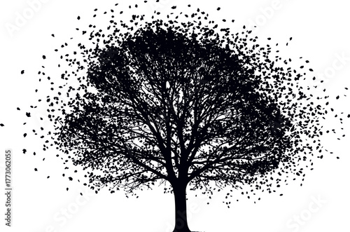 Silhouette of a Tree with Dissolving Foliage Abstract Nature Concept for Design Projects