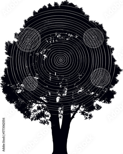 Abstract Tree Silhouette with Swirling Circles in Canopy - Symbolizing Growth and Connection