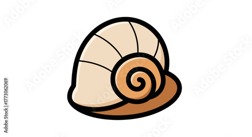 A cartoonish, vector-style drawing of a snail with a brown and cream shell set against a transparente background.