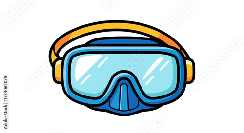 A colorful, cartoon-style image of underwater swimming goggles with a yellow strap, ready for underwater adventure.