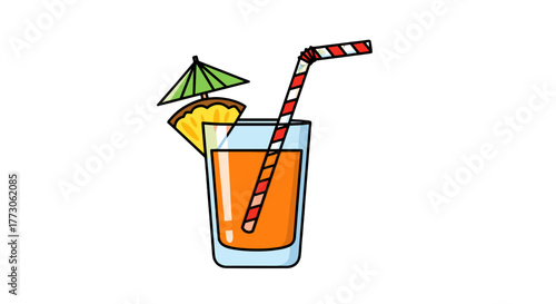 Illustration of a glass with orange juice, a red and white straw, a pineapple slice, and a green umbrella.