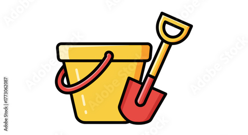A yellow bucket with a red handle sits next to a red shovel, outlined in black, for sandbox summer fun.