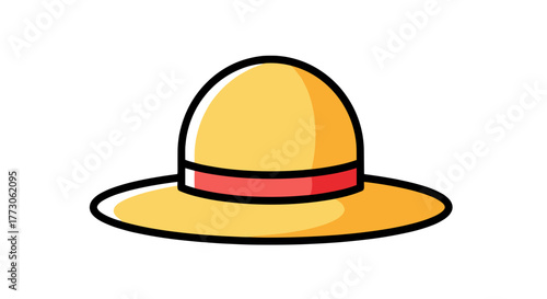 A yellow sun hat with a red band provides shade and style, perfect for sunny days out, protecting you from the sun.