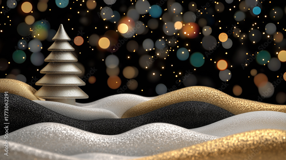 Naklejka premium Festive winter landscape with one shiny silver Christmas tree on golden snow. Bokeh of lights in the background, Christmas magic, luxury and festive mood.