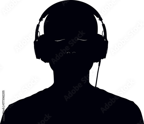 Black silhouette of a person wearing over-ear headphones, eyes closed in concentration, deeply immersed in an audio experience, symbolizing focus, relaxation, meditation, or enjoyment of sound