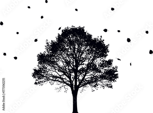 Silhouette of a tree with falling leaves, ideal for fall-themed designs and nature-inspired artwork