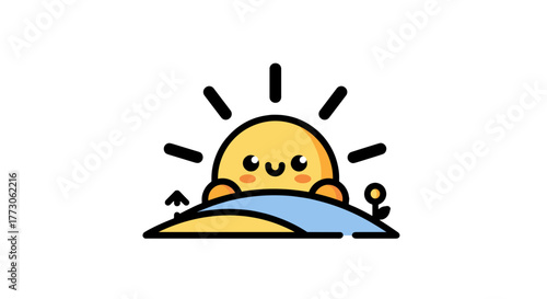 Smiling sun rises cheerfully over a hill, casting a warm glow in the day. A serene, minimalistic illustration.