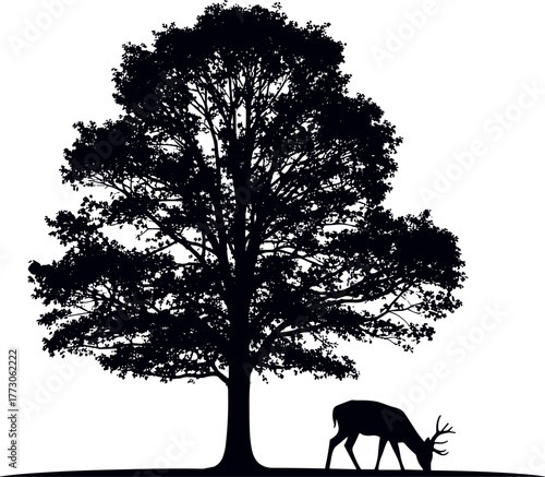 Majestic oak tree and graceful deer silhouette. A serene natural scene depicting wild forest life and an animal in its habitat, perfect for nature-themed designs and graphic elements