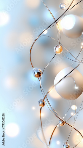 Abstract elegant composition with white spheres and metallic lines on soft blue background, modern minimal design, festive light bokeh, futuristic 3D background for luxury or holiday theme.