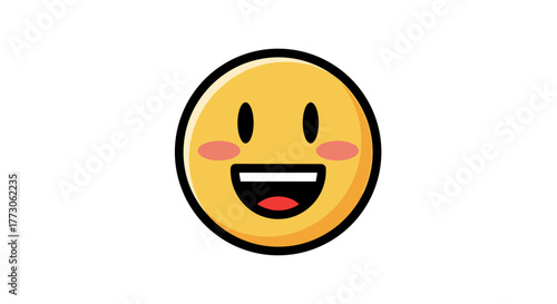 A yellow smiley face with rosy cheeks expresses cheerful happiness with its wide smile and eyes on a transparent background.