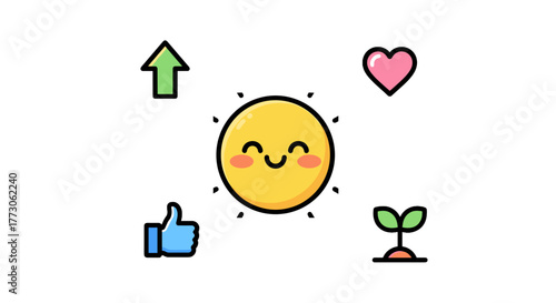 An illustration showing elements of growth, support, and affection against a solid transparent background, cute and engaging.