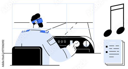 Air traffic controller in uniform adjusts control panel near large screens, ensuring safety in navigation. Ideal for aviation, teamwork, technology, communication, precision, leadership