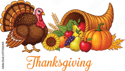 Thanksgiving illustration with turkey, cornucopia, pumpkin, sunflower