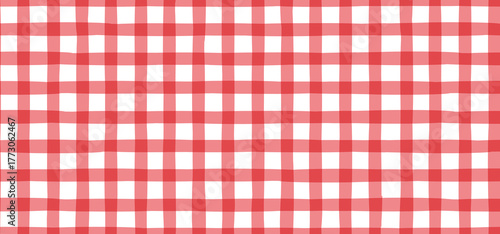 Red and white seamless gingham check pattern. Classic picnic tablecloth texture, Italian pizzeria cloth, retro fabric, basket napkin, wrapping paper and vintage textile vector background