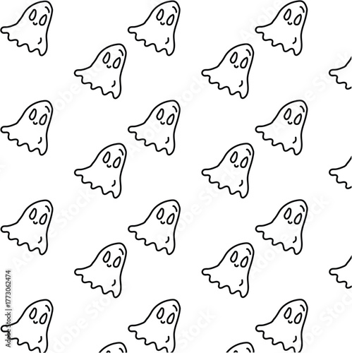 Seamless pattern of cute cartoon ghosts with smiling faces on a white background 