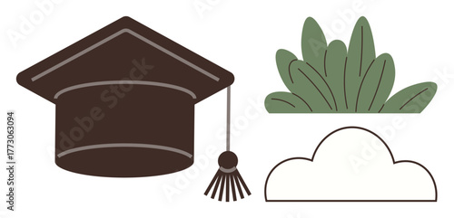 Graduation cap with tassel paired with green foliage and a cloud, representing education, aspirations, growth, success, achievement, nature, and simplicity. Ideal for academic themes a simple flat